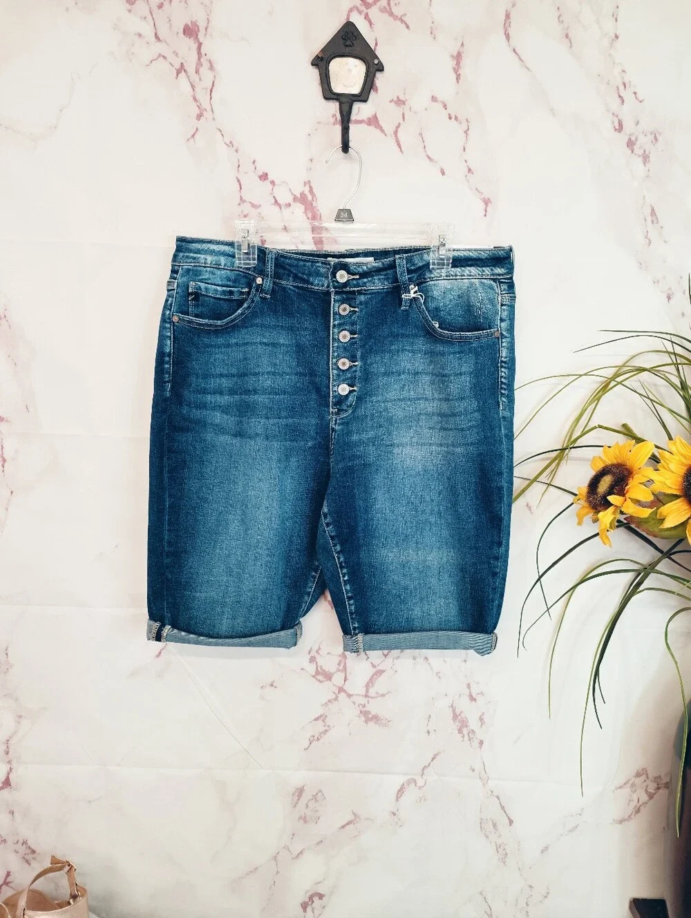 Kancan Hi Rise Cuffed Bermuda Denim Shorts Plus Size 18W NWT Button Fly
